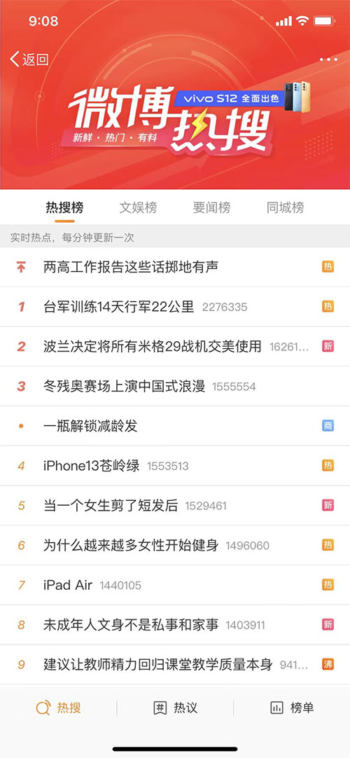 微博热搜榜排名今日最新(2022年3月9日)